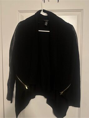 Women's Black Open-Front Draped Jacket with Gold Zipper Accents